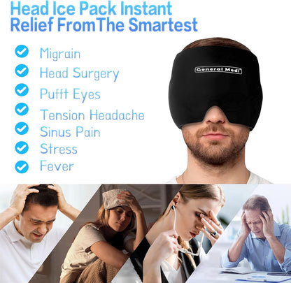General Medi Headache & Migraine Ice Wrap Cap, Cold Therapy Migraine Relief Hat, Headache Ice Hat Cold Compress, Great for Puffy Eyes, Tension, Sinus & Stress Relief (Blue)