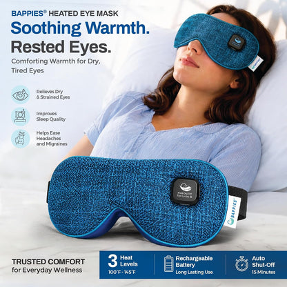 Heated Eye Mask, 30 Momme 6A Grade Mulberry Silk, Royal Blue, 3 Heat Levels, USB-C Rechargeable, 15 Min Auto-Off, 1 Year Warranty