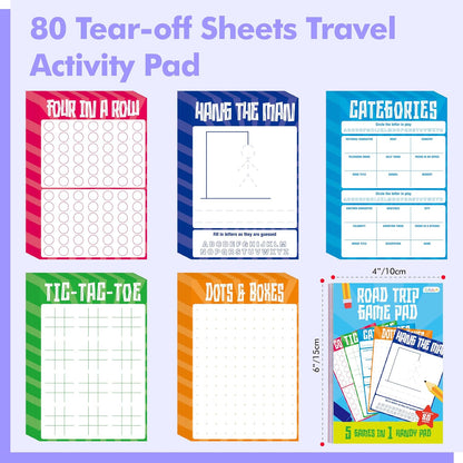 Road Trip Game Pad, 80 Perforated Sheets Travel Activity Pad, 5 Games in 1 Pad, Plane, Car Trip Activity, Pen Pencil & Paper Game for Kids, Adults (6” x 9”)