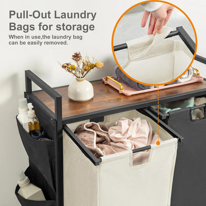 WOWLIVE Double Laundry Hamper with Wheels, Rolling Laundry Basket Organizer | Laundry Hamper 2 section with Lid, Iron-Made Laundry Sorter with Shelf, Removable Bags, Large Clothes Storage, White