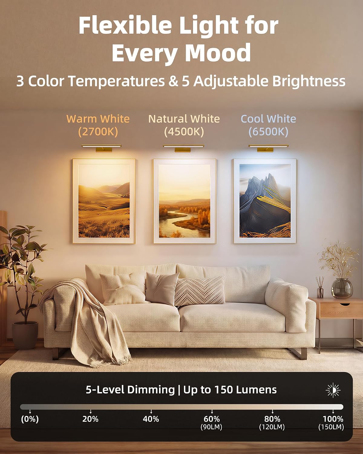 EZVALO Picture Light for Wall, 4800mAh Rechargeable Wireless Gold Light with IR Remote, Dimmable Magnetic LED Art Display Light with 3 Color Temperatures, for Gallery, Living Room, Bedroom(2Pack)