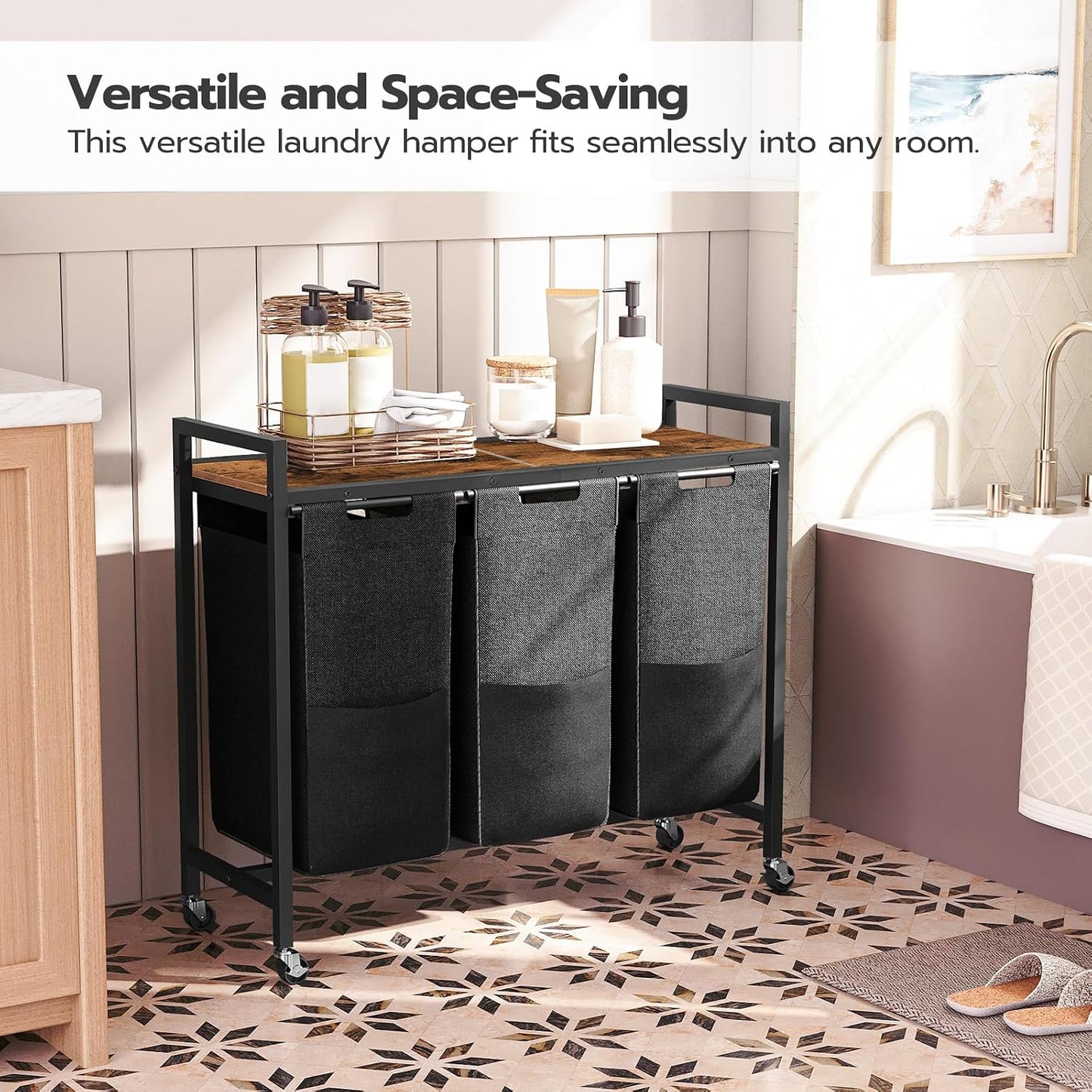 HOOBRO Laundry Sorter 3 Section, Laundry Hamper with Wheels, 3 × 11.5 Gal (43.4L), Rolling Laundry Basket, Pull-Out and Removable Oxford Fabric Laundry Bags, Rustic Brown and Grey BFG76XY01