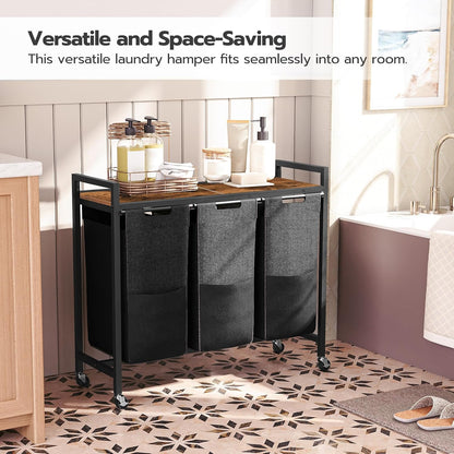 HOOBRO Laundry Sorter 3 Section, Laundry Hamper with Wheels, 3 × 11.5 Gal (43.4L), Rolling Laundry Basket, Pull-Out and Removable Oxford Fabric Laundry Bags, Rustic Brown and Grey BFG76XY01
