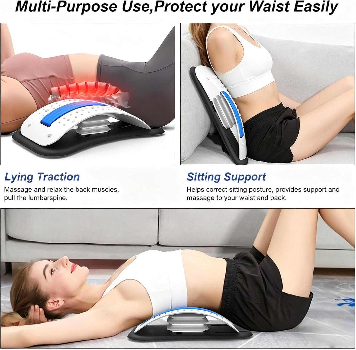ZhanHao Back Stretcher for Lower Back Pain Relief,Adjustable Lumbar Traction Device, Ergonomic Spine Board with Acupressure Points,Back Massager for Spinal Decompression and Scoliosis