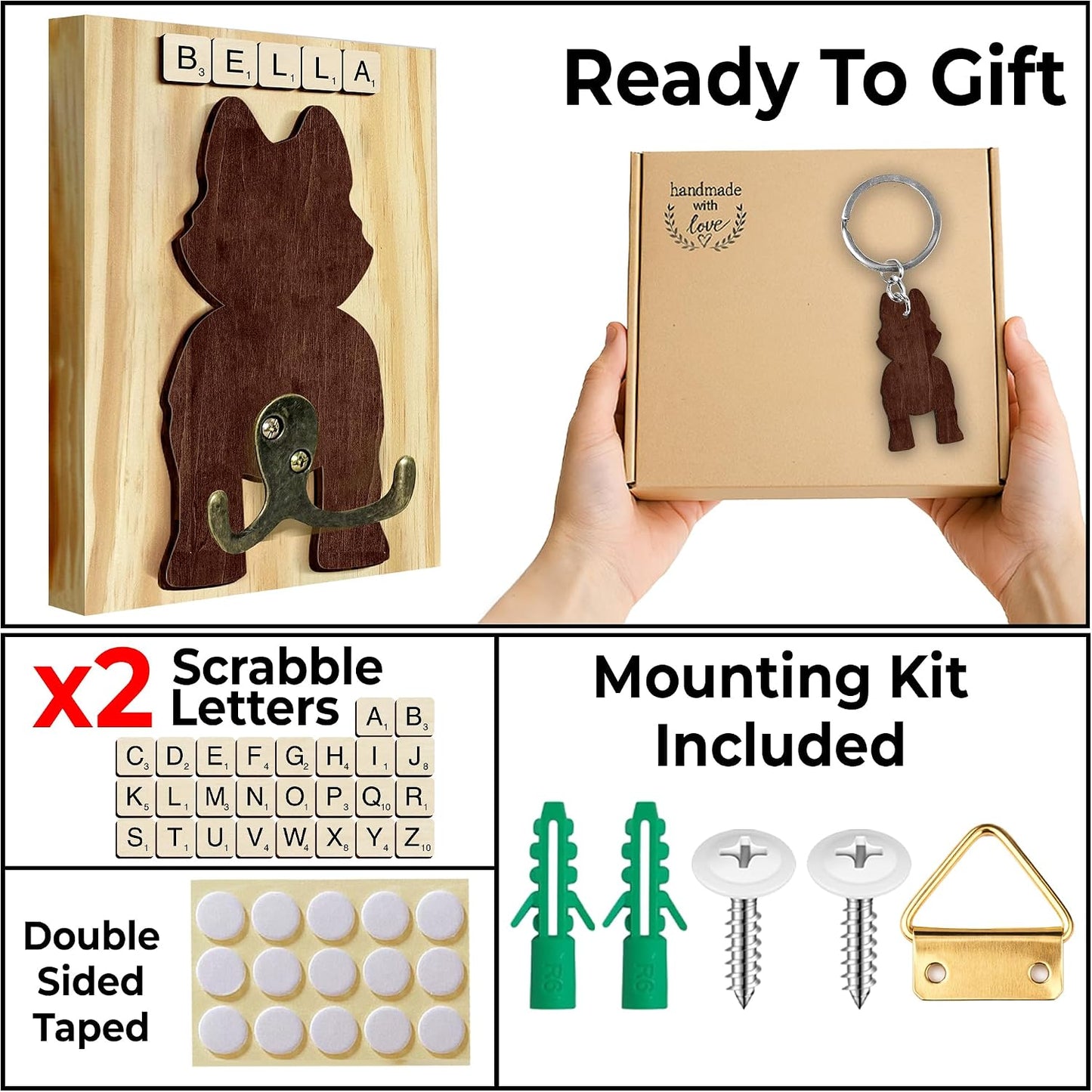 Dog Leash Holder Wall Mount, Pet Harness Hanger with Scrabble Letters, Dog Collar Organizer for Entryway, Memorial Cat Leash Holder for Wall, Pet Loss Gifts, Keepsake, Home Decor PF212-NAT