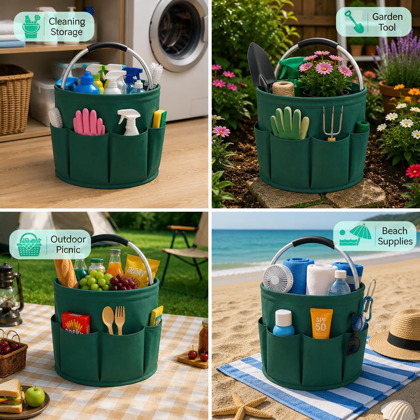 Cleaning Caddy with Handle, 17L Foldable Storage Basket, Heavy Duty 600D Oxford Cloth Organizer, Portable Supply Bag, Multi-Purpose Supplies Caddy for Home, Bathroom, Kitchen, Garden - Black