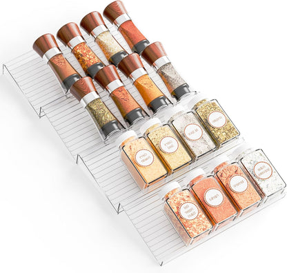 8 Pack Adjustable In Drawer Spice Organizer - Expandable From 11'' to 22'' - Acrylic Drawer Seasoning Organizer,Clear Spice Organization Tray for Cabinet Drawers Condiment,Nail Polish and Jar
