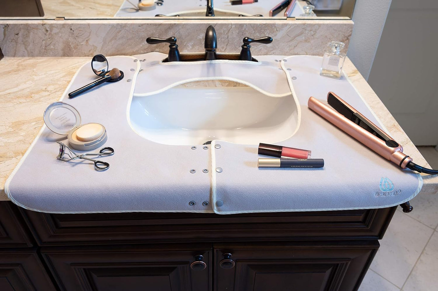 Sink Splash Guard - Home Essentials Faucet Mat for Clean and Dry Bathroom Counter - Absorbent Fast Drying Non Slip Protector - Soft Microfiber with Waterproof Rubber Grip - Washable - White