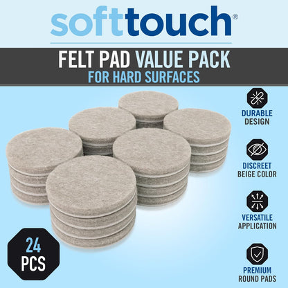 SoftTouch 1.5" Round Reusable Felt Furniture Sliders for Hard Surfaces, Noise-Reducing Adhesive Furniture Moving Pads for Beds, Sofas, Dressers, Set of 24, Beige