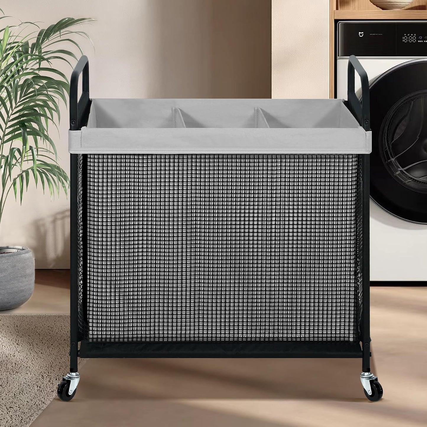 STO STO Laundry Hamper 2 Section, 100L Rolling Laundry Sorter Cart with Removable and Washable Liner Bag, Clothes Hamper with Wheels and Metal Handle for Laundry Room and Bedroom