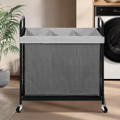STO STO Laundry Hamper 2 Section, 100L Rolling Laundry Sorter Cart with Removable and Washable Liner Bag, Clothes Hamper with Wheels and Metal Handle for Laundry Room and Bedroom