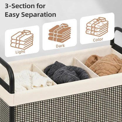 STORAGE MANIAC Rolling Laundry Hamper with Wheels 2-Section Laundry Sorter Rolling Laundrys Basket on Wheels with Removable Bag Clothes Hamper Laundrys Organizer Cart Bathroom Bedroom 100L Beige