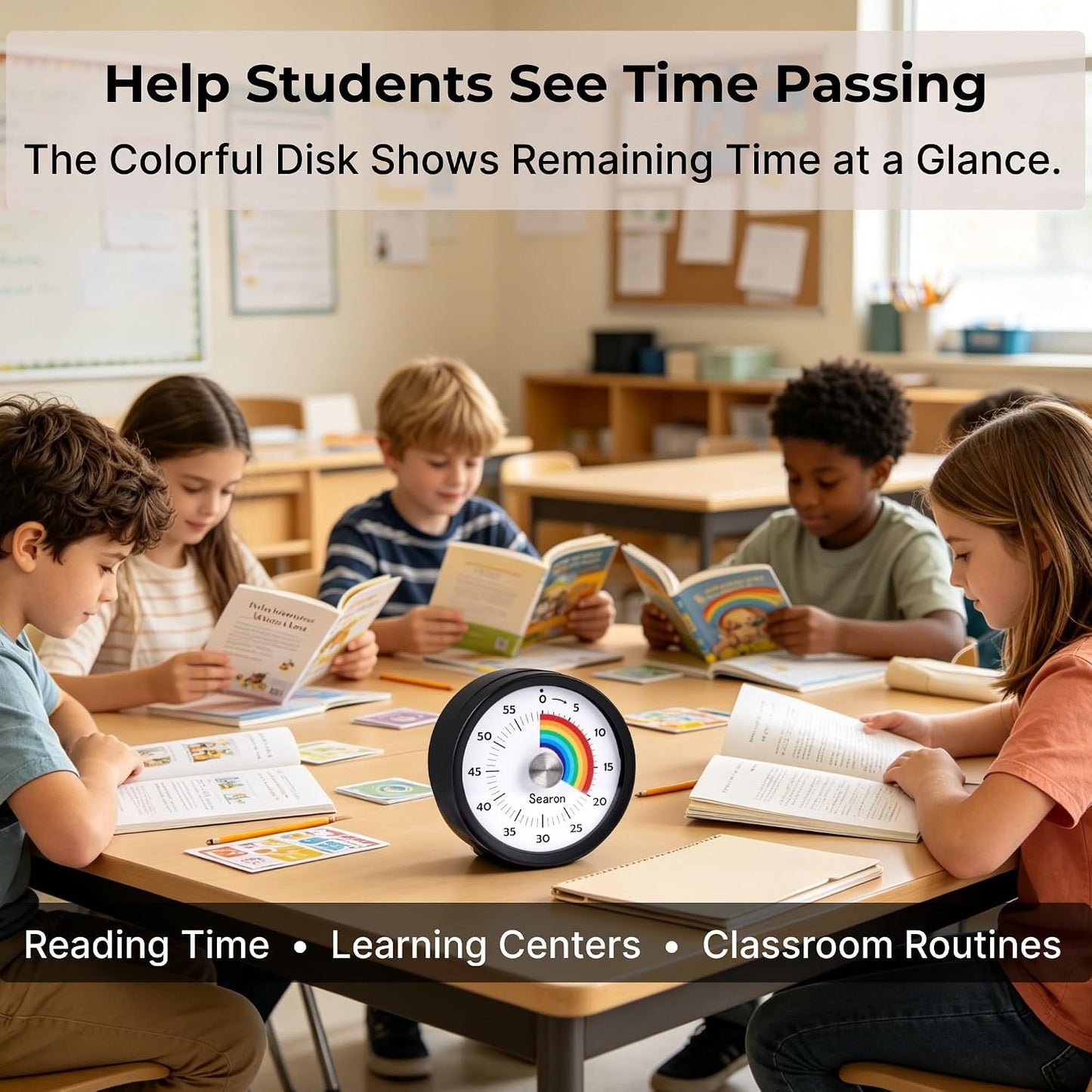 Searon Magnetic Visual Classroom Timer for Teachers, 60-Minute Countdown | No-Tick with Sound or Silent LED Alert, Pause, Magnet/Stand/Hang for Reading, Small Groups & Classroom Routines