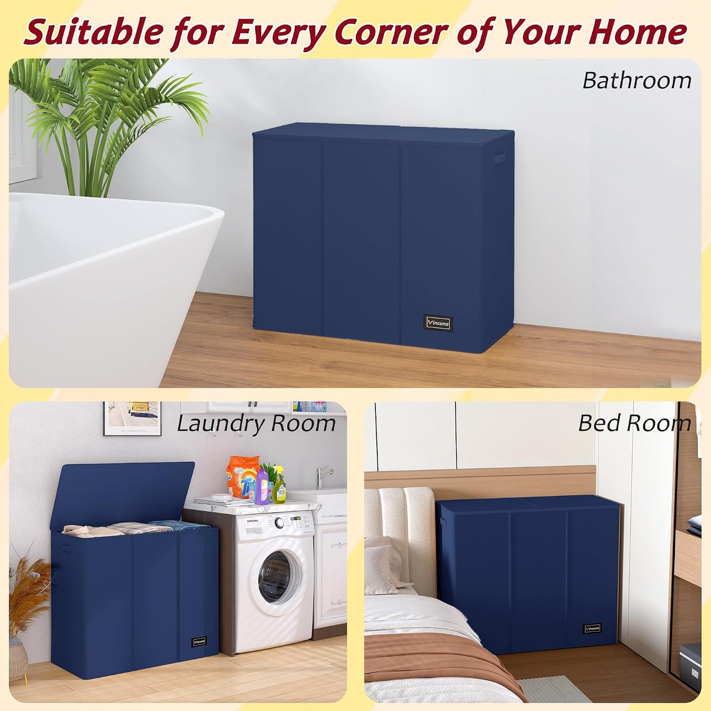 195L Laundry Hamper 3 Section,Large Laundry Hamper with Lid,Dirty Clothes Hamper with 3 Inner Bags,Collapsible Laundry Basket Organizer for Laundry Room,Bedroom,Laundry Sorter Hamper 3 Compartment