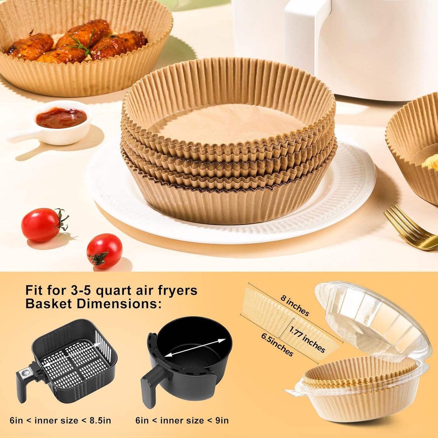 Air Fryer Liners Disposable, 150Pcs Parchment Paper 8" Square for 5-8QT | [Food Grade Material] Unbleached Parchment Paper Non-Stick & Waterproof Oilproof Easy Cleanup for Air Fryer Sheets Papers