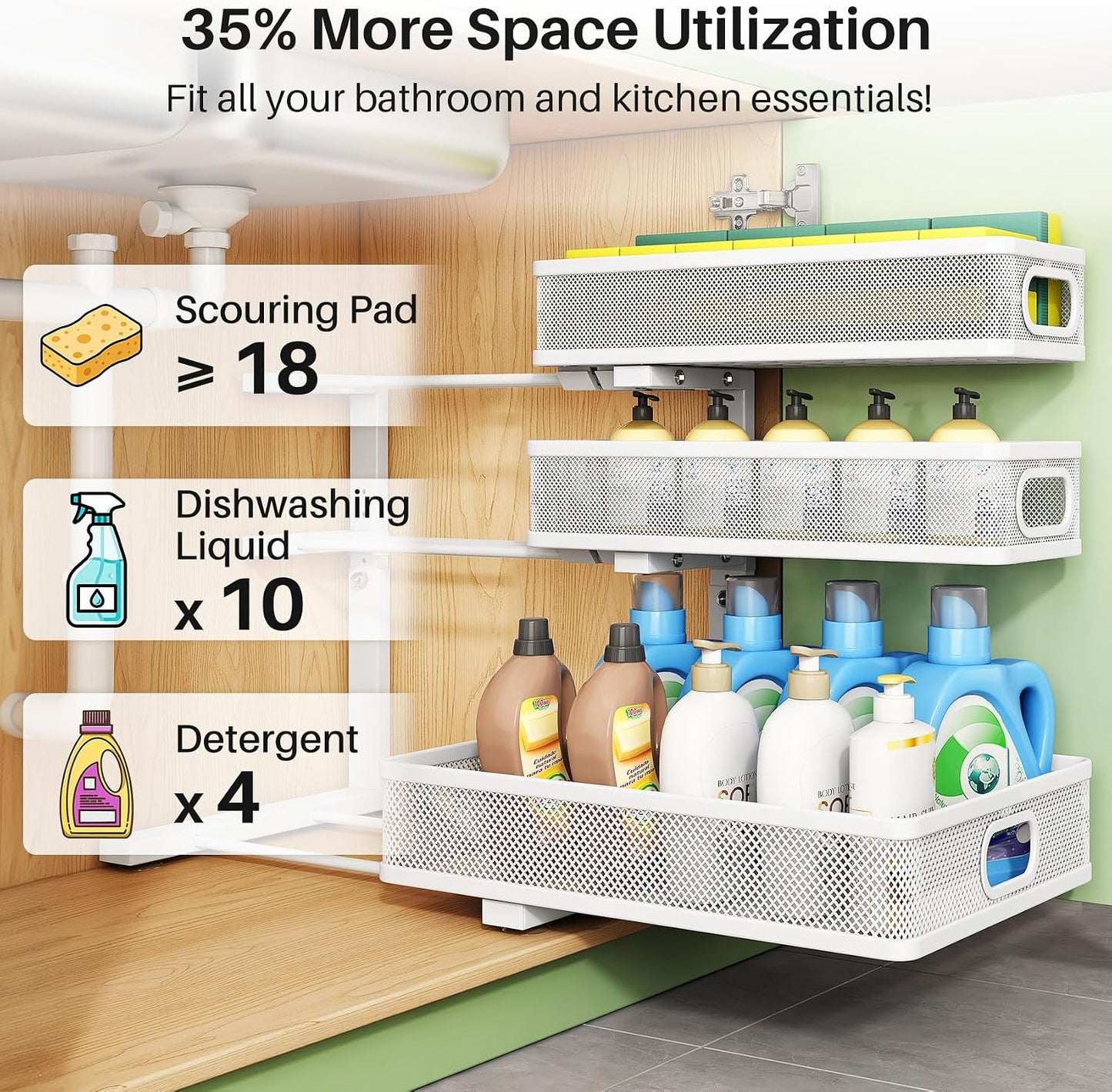 Kitstorack Under Sink Organizer, 2-Pack 3-Tier Height Adjustable Thickened Metal Pull out Cabinet Organizer Shelf, Slide out Storage Drawer Rack for Bathroom Kitchen Pantry Home Laundry Organization