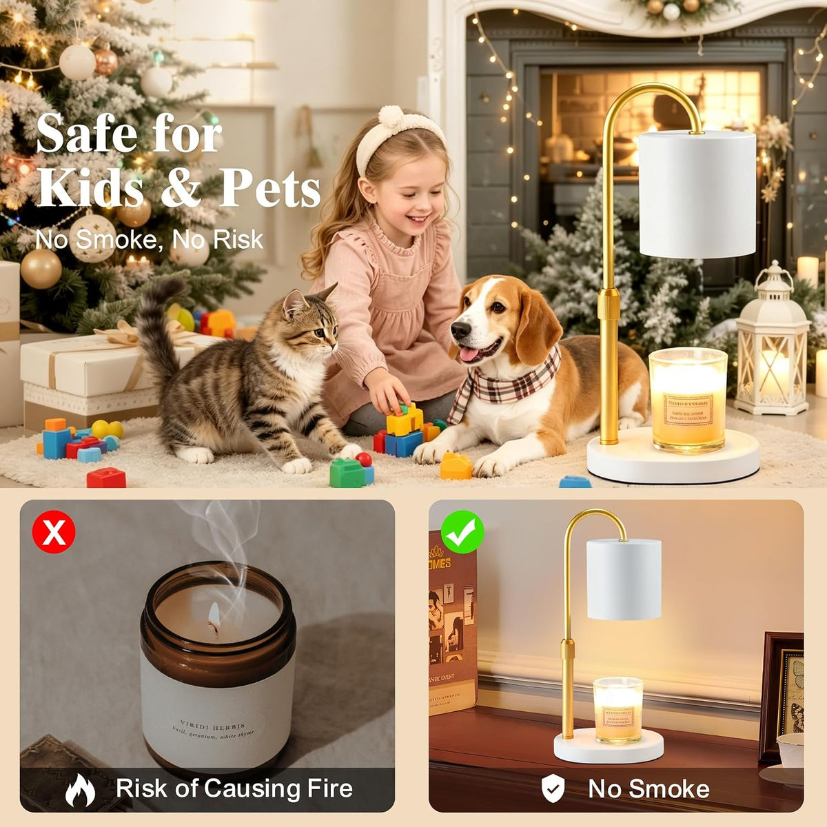 Dreamholder Electric Candle Warmer Lamp with Timer, Dimmable Candle Lamp with Adjustable Height, Wax Melter for Jar Candles Wood Base Floral Home Decor Gifts for Women Mom, Silver Glass