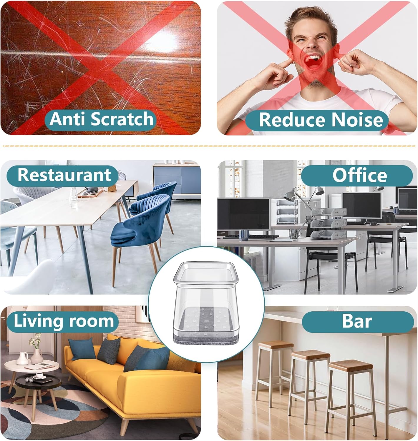 Ansible 24 Pcs Chair Leg Floor Protectors Square | Silicone Felt Furniture Leg Pads Caps Covers for Hardwood Floors (Fit:1-1/16" to 1-5/8")