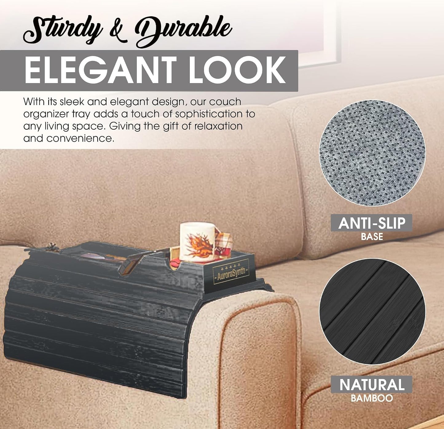 Bamboo Couch Cup Holder, 2 Cork Coasters, Anti-Slip Foldable Couch Arm Tray | 2 in 1 Foldable Sofa Arm Tray, Couch Armrest Table, Anti-Spill Couch Arm Table for Drinks TV Remote Cellphone Snacks