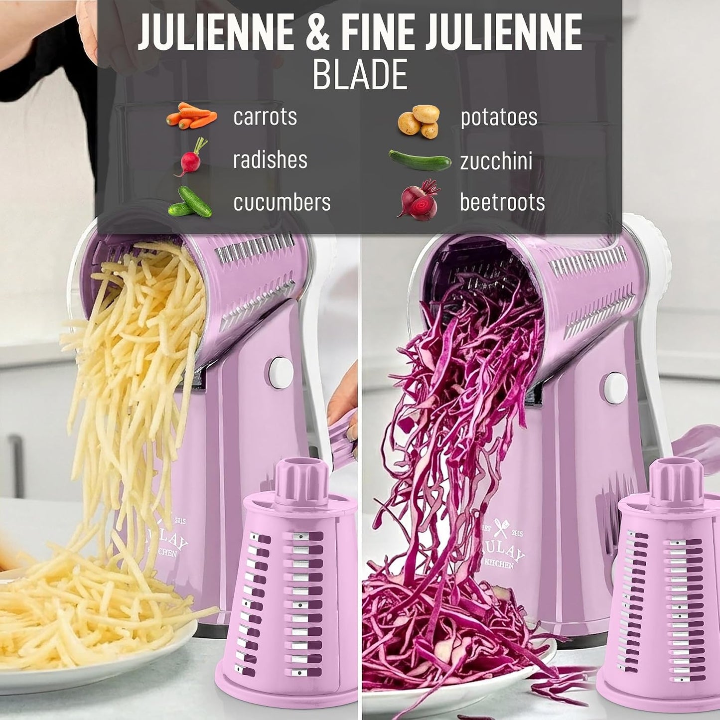 Zulay Kitchen Rotary Cheese Grater 5 Blade Cheese Shredder - Manual Hand Crank Cheese Grater With Reinforced Suction & 5 Interchangeable Drums - Easy to Use, Vegetable Chopper Round Mandoline Slicer - Colors A