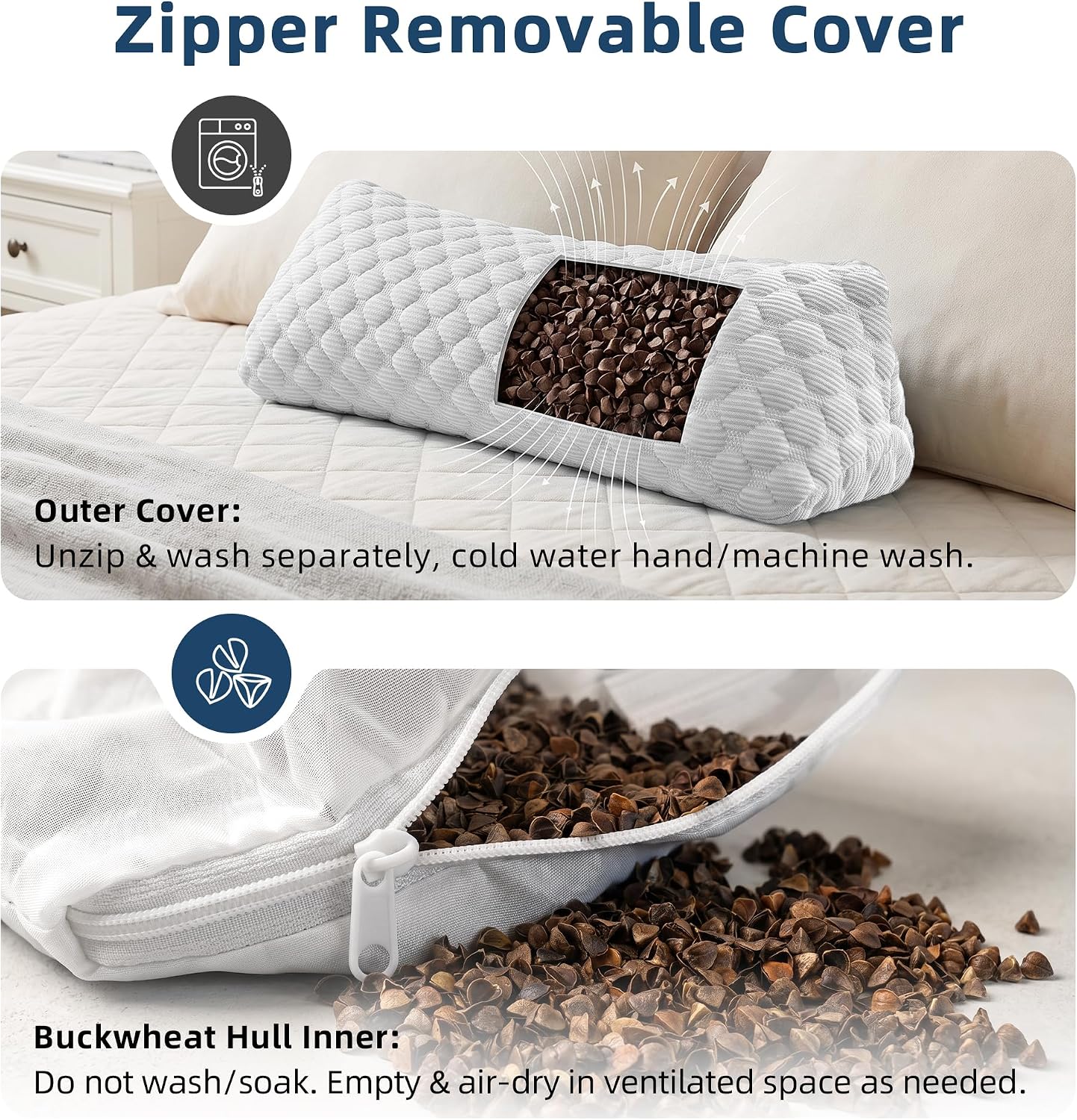 Buckwheat Cervical Pillow, Adjustable Neck Support Pillow for Sleeping, Organic Buckwheat Hull Pillow, Firm Breathable Neck Roll Pillow with Removable Cover for Back and Side Sleepers