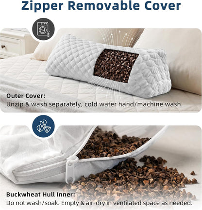 Buckwheat Cervical Pillow, Adjustable Neck Support Pillow for Sleeping, Organic Buckwheat Hull Pillow, Firm Breathable Neck Roll Pillow with Removable Cover for Back and Side Sleepers