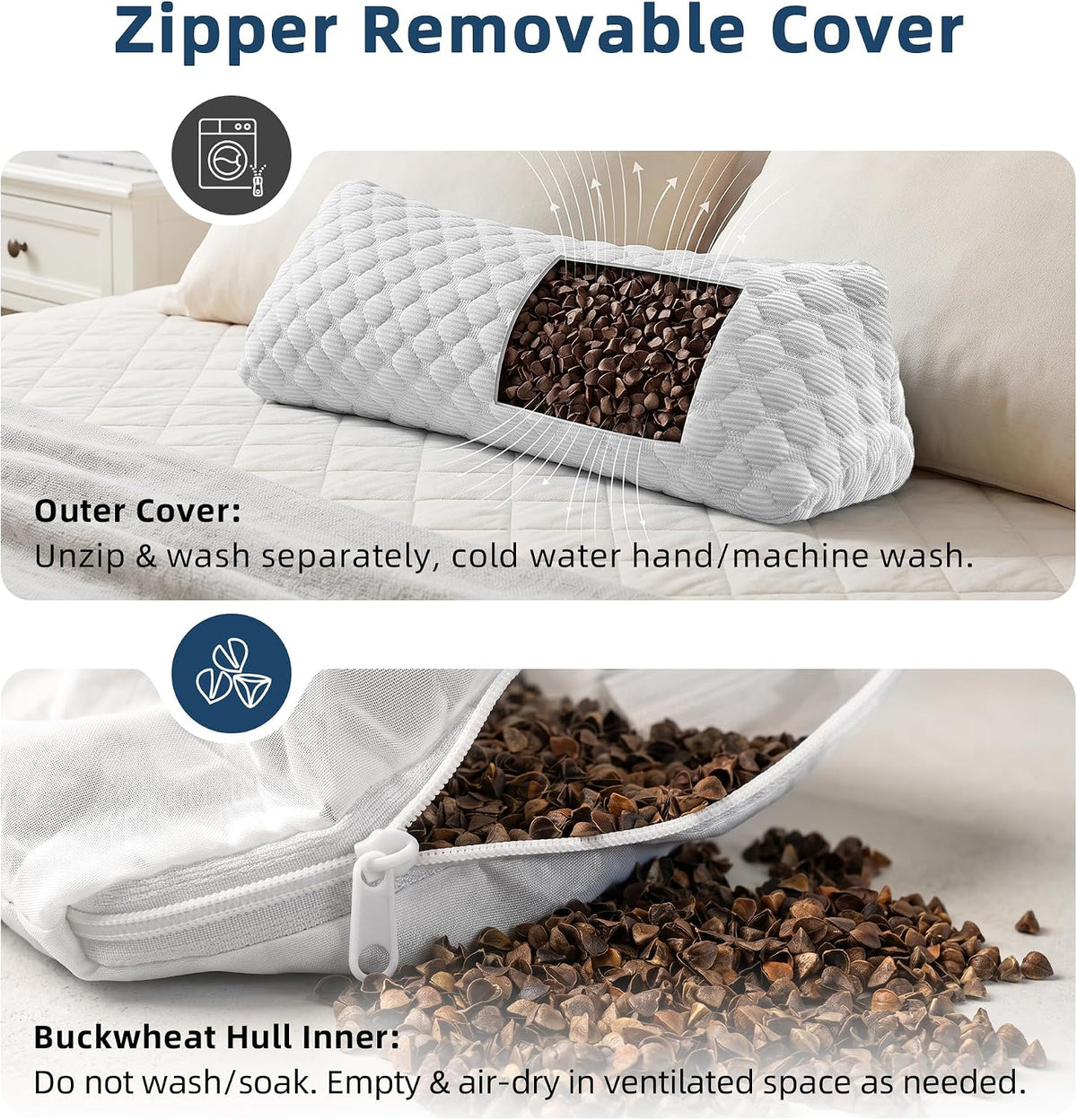 Buckwheat Cervical Pillow, Adjustable Neck Support Pillow for Sleeping, Organic Buckwheat Hull Pillow, Firm Breathable Neck Roll Pillow with Removable Cover for Back and Side Sleepers