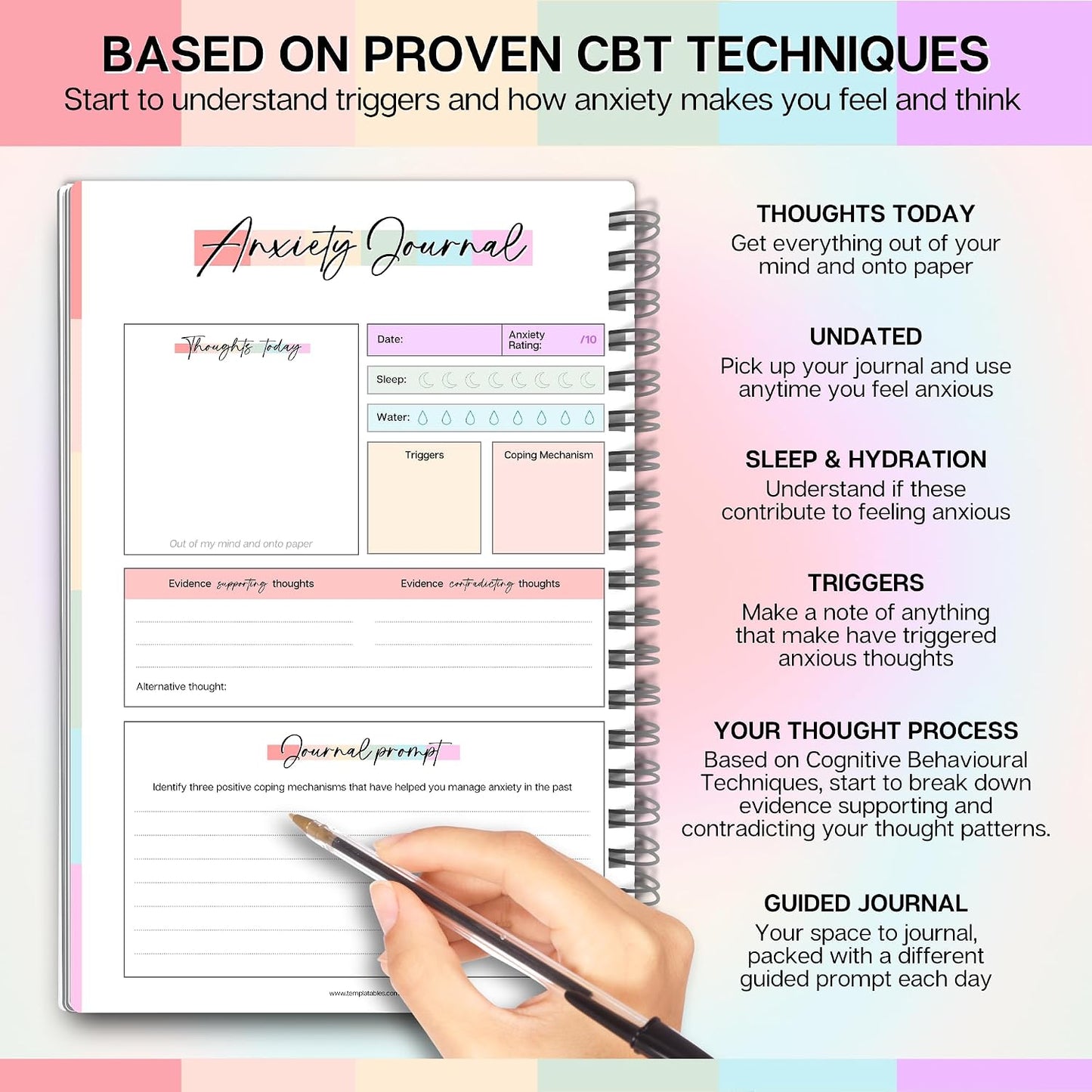 Templatables Anxiety Journal for Adults – CBT Therapy Workbook with Guided Prompts, Trigger Tracker, Sleep & Hydration Logs | Undated A5 Mental Health Notebook for Anxiety Relief & Stress Management