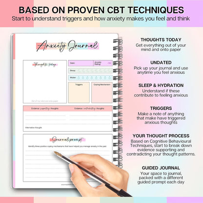 Templatables Anxiety Journal for Adults – CBT Therapy Workbook with Guided Prompts, Trigger Tracker, Sleep & Hydration Logs | Undated A5 Mental Health Notebook for Anxiety Relief & Stress Management