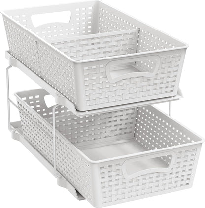 Simple Houseware 2 Tier Pull-Out Sliding Drawer Under Sink Storage, White | Great for Kitchen Bathroom Tray Shelf Organizer