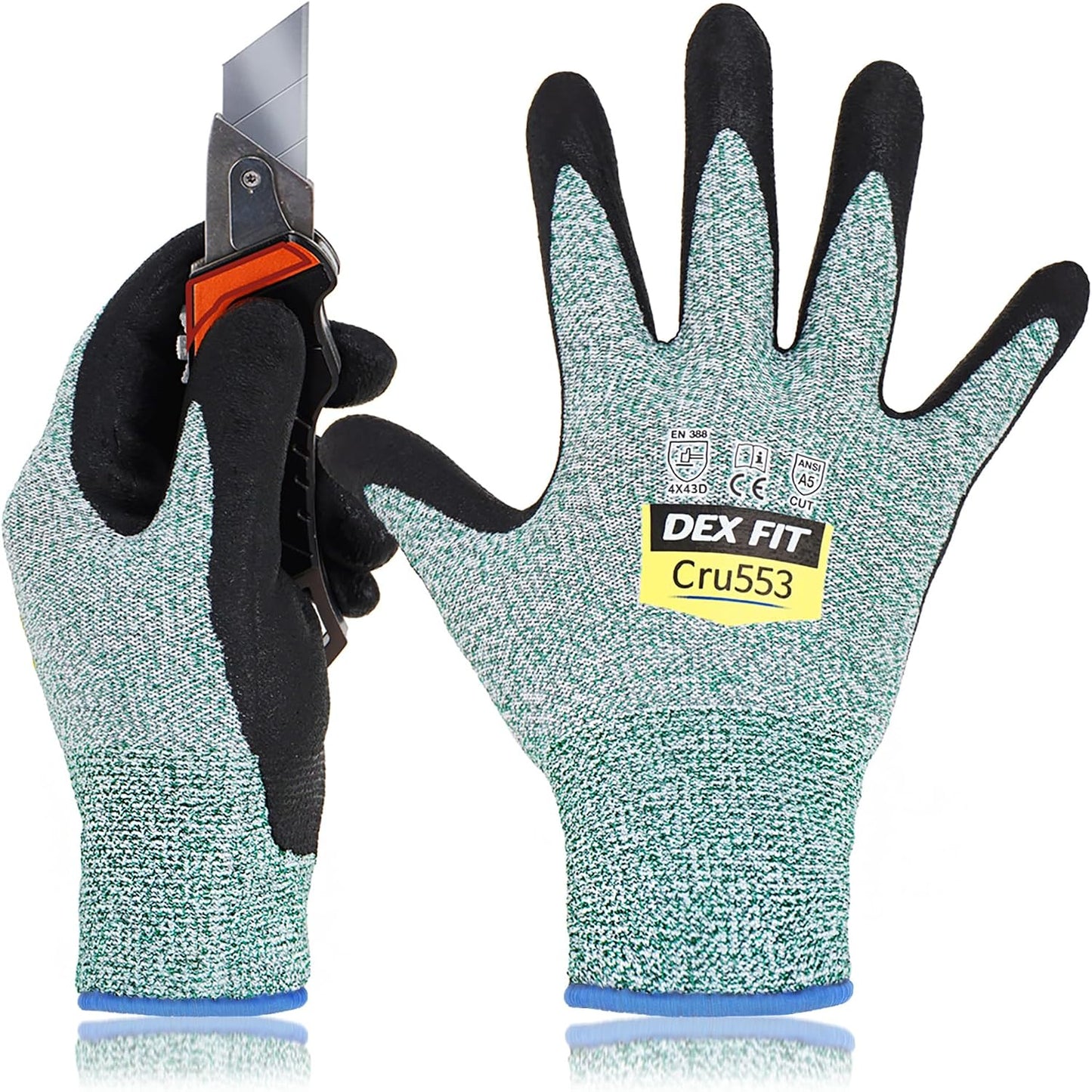 DEX FIT Level 5 Cut Resistant Gloves Cru553, 3D-Comfort Fit, Firm Grip, Thin & Lightweight, Touch-Screen Compatible, Durable, Breathable & Cool, Machine Washable; Grey L (9) 1 Pair