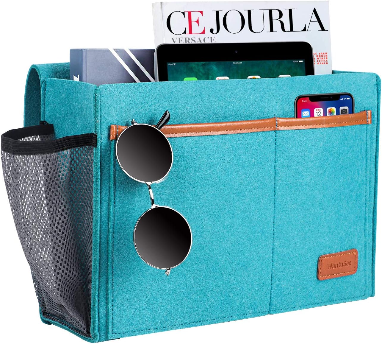Bedside Caddy, Felt Bed Storage Organizer Hanging Bag Holder with 5 Pockets, Magazine Book Phone Tablet iPad Cables Remote and Water Bottle Holder for Home Dorm Bed Sofa, Light Gray