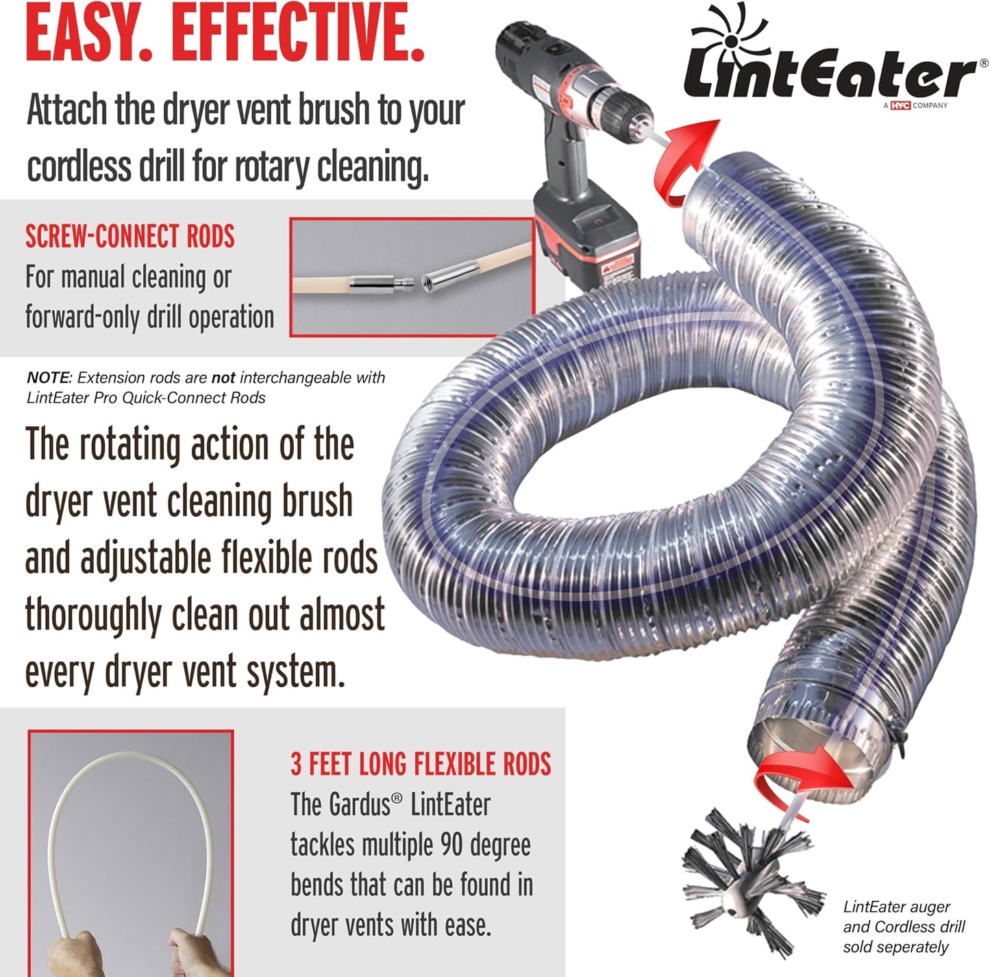 Dryer Vent Duct Cleaning Kit - Gardus RLE202 LintEater Rotary Dryer Vent Cleaner Kit, Removes Lint, Dryer Vent Cleaning System Extends Up to 12’ with 4 Flexible 3' Rods, Air Duct Cleaning Tools
