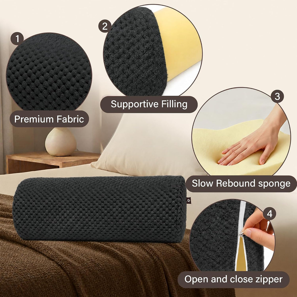 SPRING SEAON Half Moon Bolster Knee Pillow for Back Sleeping Memory Foam Leg Pillow for Ankle and Foot Comfort Under Knee Pillow for Side Sleepers Machine Washable Cover(17" x 7.5" x 4.3")
