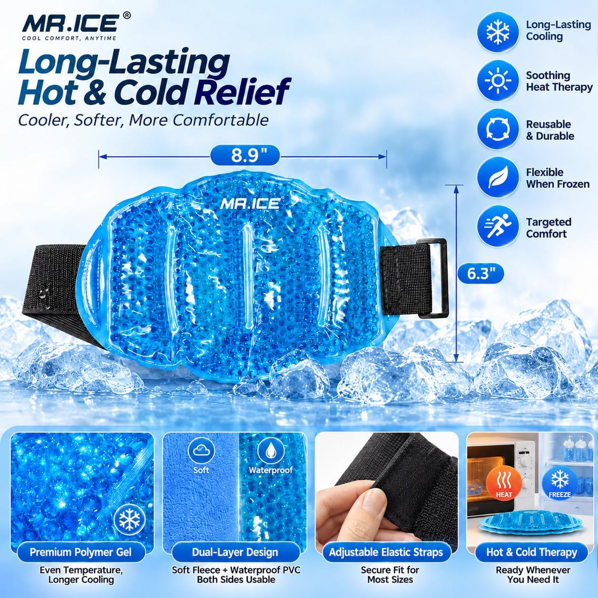 MR.ICE Knee Ice Pack Wrap 2 Packs,Reusable Ice Packs for Knee for Injuries