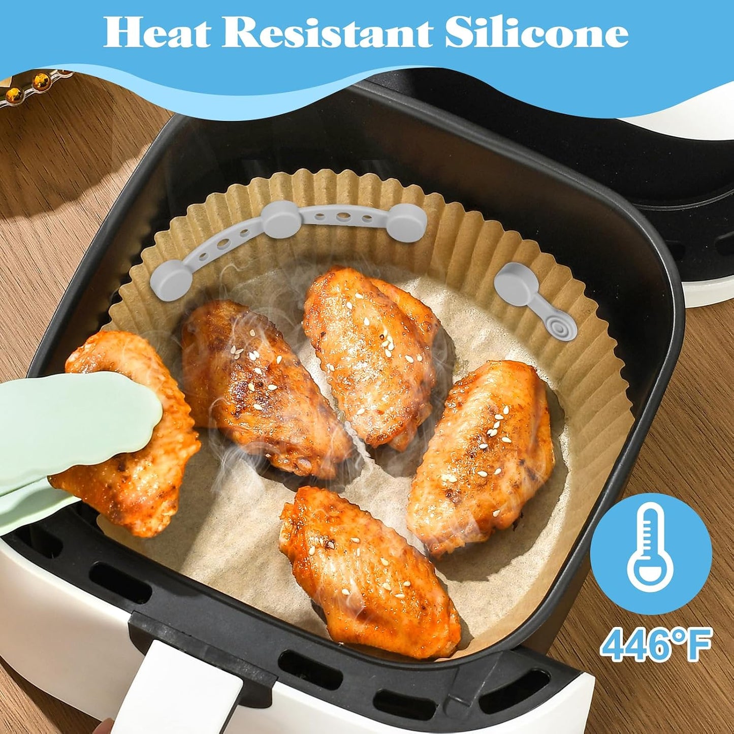 Air Fryer Magnet Silicone Buckles for Parchment Paper – 2 Pack Reusable Accessories for Disposable Basket Liners, Secure Baking Paper, Prevent Shifting & Burning (Black)