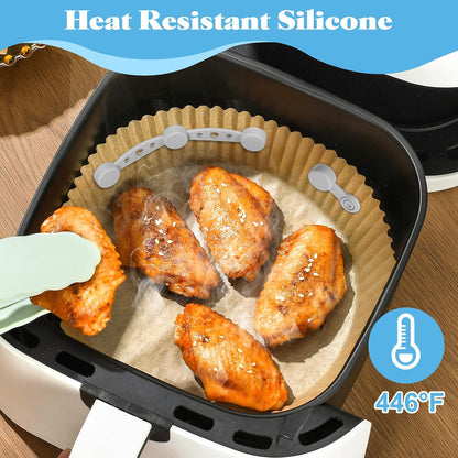 Air Fryer Magnet Silicone Buckles for Parchment Paper – 2 Pack Reusable Accessories for Disposable Basket Liners, Secure Baking Paper, Prevent Shifting & Burning (Black)