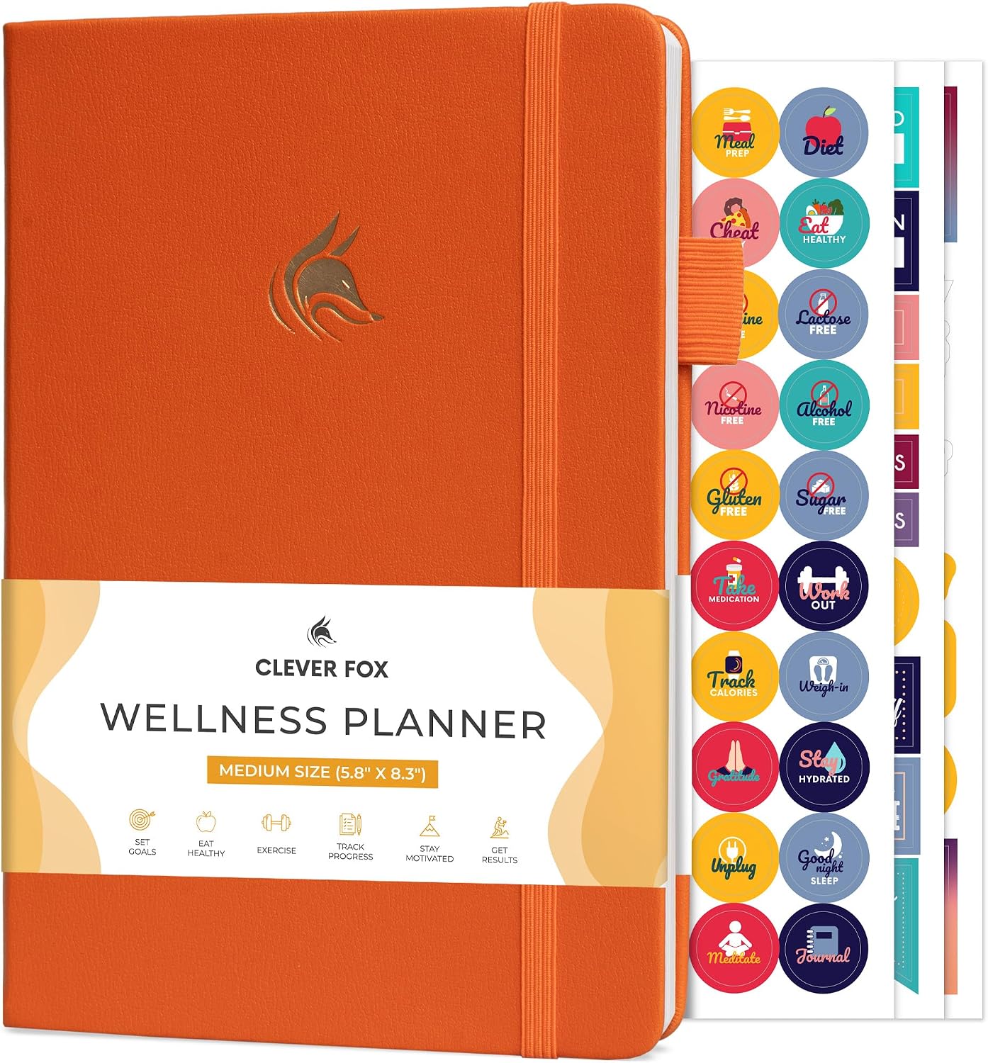 Clever Fox Wellness Planner & Food Journal for Weight Loss, A5 Orange | 5.8"x8.3" nutrition & exercise tracker for women tracking meals, diet & symptom diary, calorie counter notebook, stickers