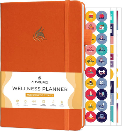 Clever Fox Wellness Planner & Food Journal for Weight Loss, A5 Orange | 5.8"x8.3" nutrition & exercise tracker for women tracking meals, diet & symptom diary, calorie counter notebook, stickers