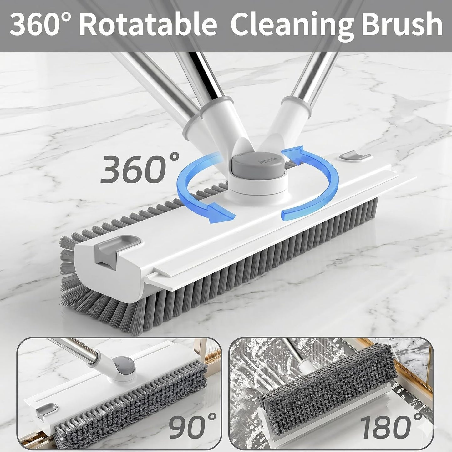 3 in 1 Floor Scrub Brush,Floor Scrubber with Squeegee and Tweezer, Push Broom with Long Handle,Heavy-Duty Stiff 90° Bristle Broom for Patio,Shower, Garage,Deck,Tile, Concrete & Wood Surface