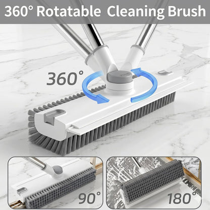 3 in 1 Floor Scrub Brush,Floor Scrubber with Squeegee and Tweezer, Push Broom with Long Handle,Heavy-Duty Stiff 90° Bristle Broom for Patio,Shower, Garage,Deck,Tile, Concrete & Wood Surface