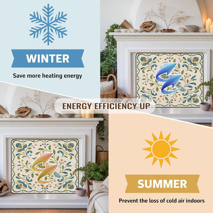 Magnetic Fireplace Cover Bird Branches Fireplace Screen Decorative Green Leaves Frame Insulation Fireplace Blocker Blanket Save Energy Fireplace Draft Stopper Covers for Living Room 45x34 Inch