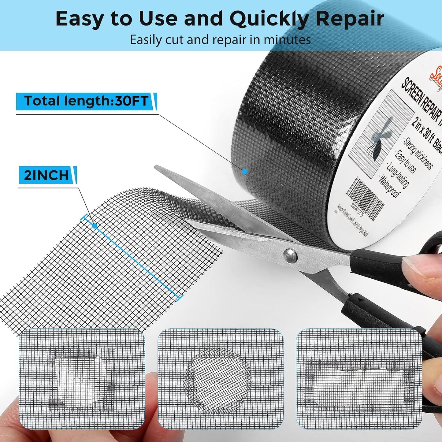 Secopad 2" x 180" (15FT) Screen Repair Tape, Screen Repair Kit, Black | Window Screen Patch, Quick Repair, Strong Adhesive, Easy to Use, For Mesh Window & Door, Cuttable Fiberglass, No Tools Needed