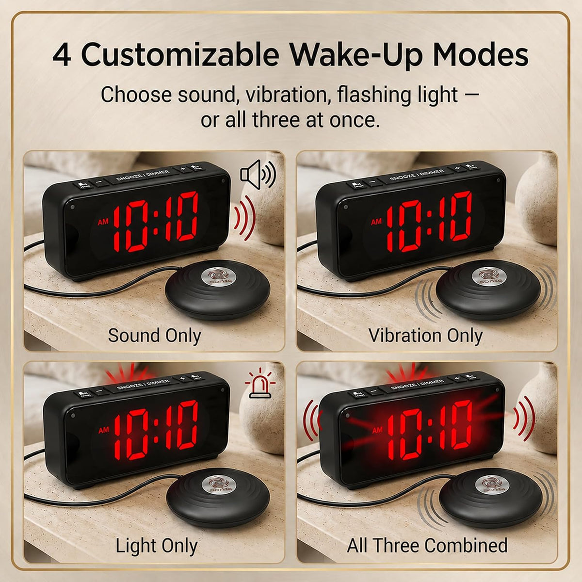 Vibrating Bed Shaker Alarm Clock for Deaf & Hard of Hearing, Black