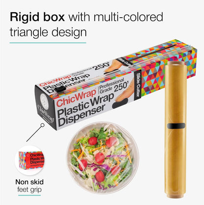 Chicwrap Veggies Refillable Plastic Wrap Dispenser - Includes One 12" x 250' Roll of Professional Grade Plastic Wrap - BPA Free and Kosher Certified - Reusable Dispenser w/Slide Cutter | Reusable Plastic Wrap Dispenser with Four Non-Slip Rubber Feet and