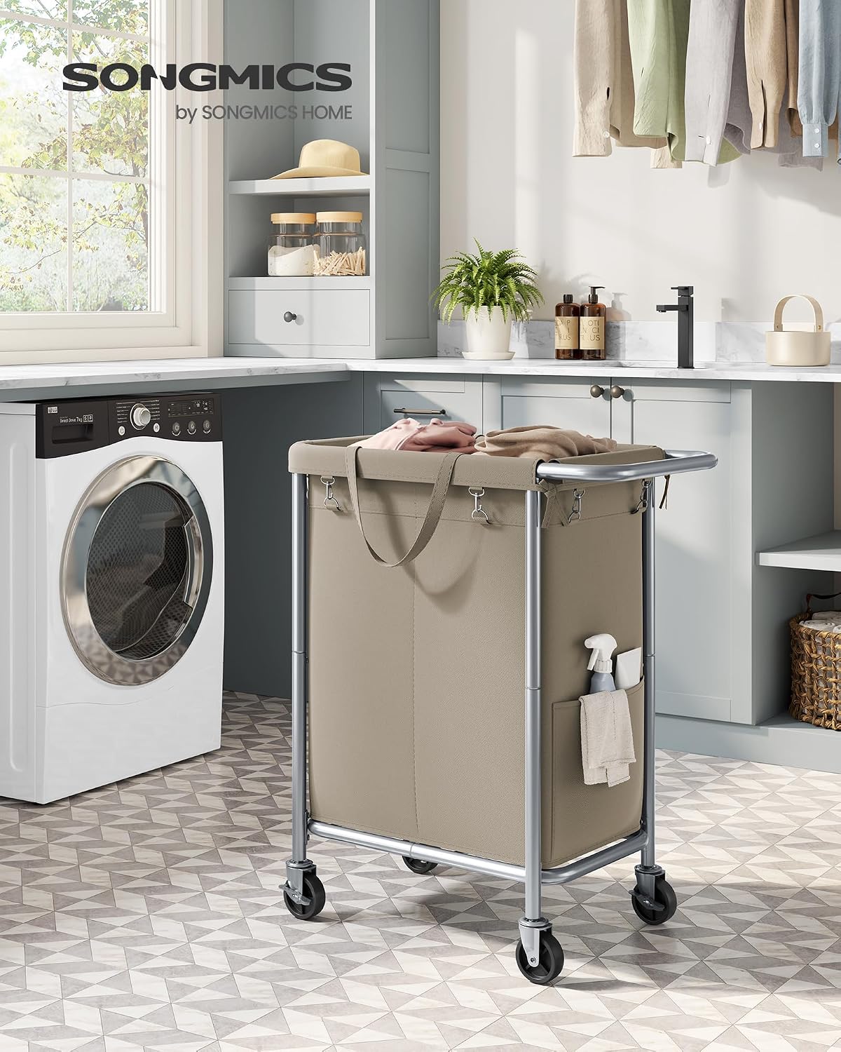 SONGMICS Laundry Basket with Wheels, 4-Section Rolling Laundry Hamper, 68.6 Gallons (260 L), Removable Liner, Steel Frame with Handle, 43.3 x 15.4 x 31.9 Inches, Cream White URLS014W01