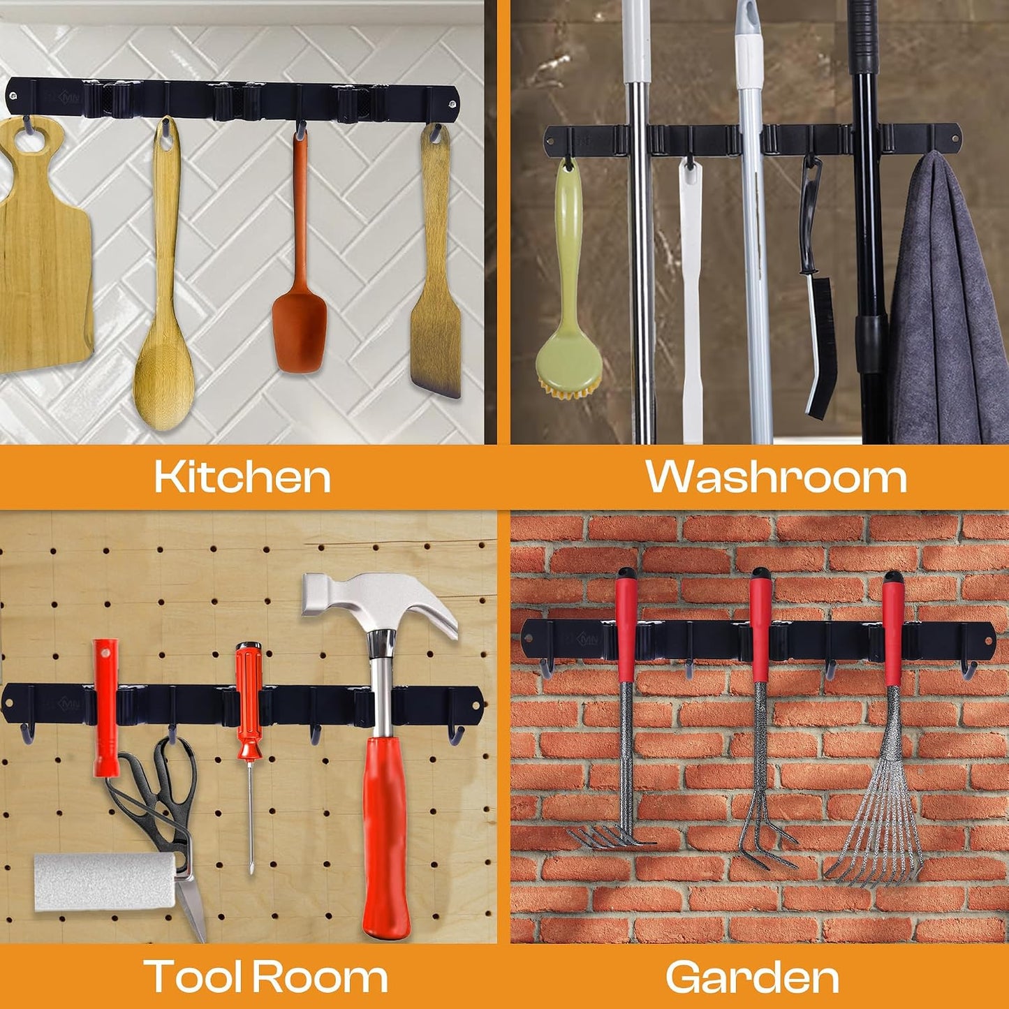 Stainless Steel Broom Holder Wall Mount, 3 Racks & 4 Hooks | Waterproof organizer for mops, brooms, tools and garden equipment, adjustable wall storage, black