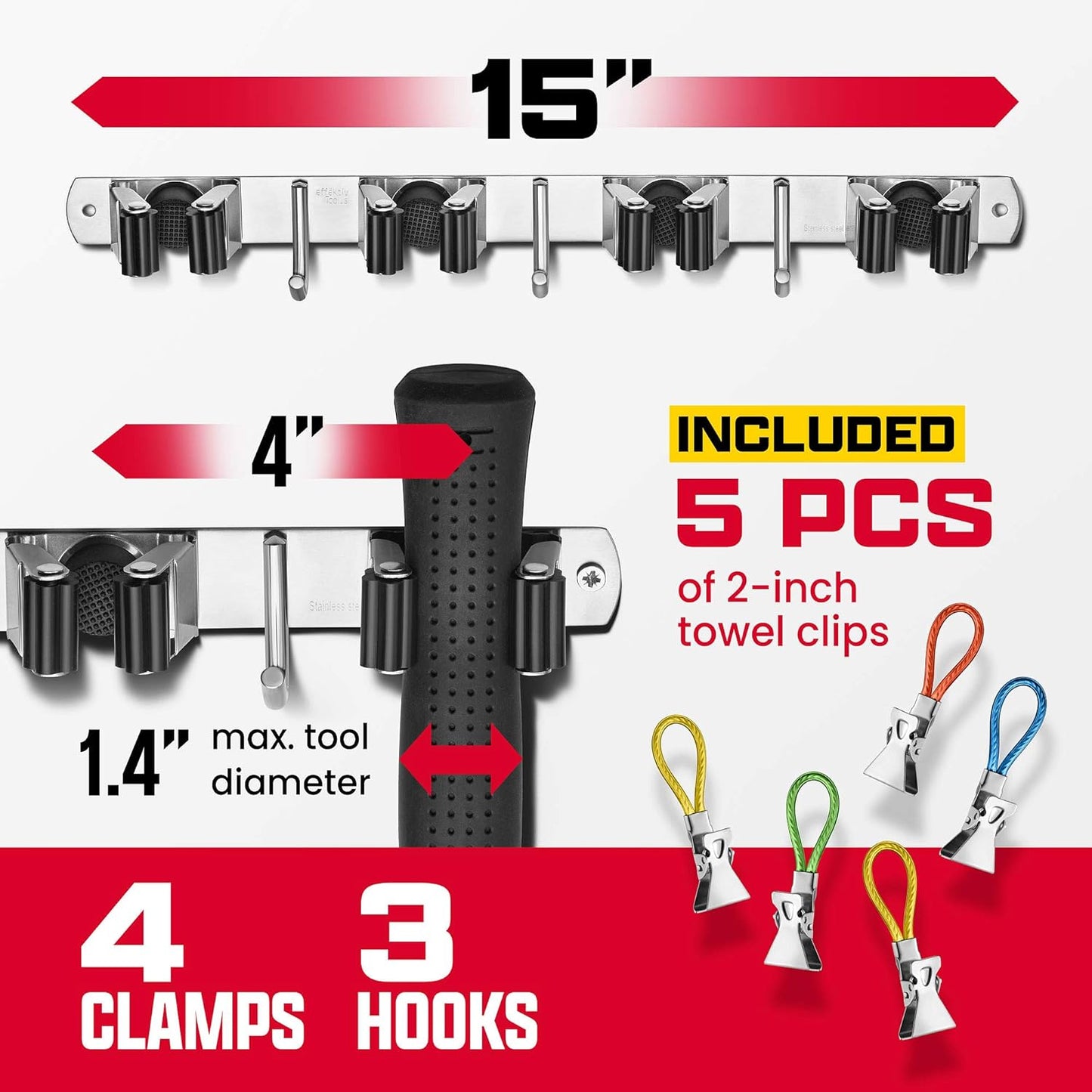 Wall Mount Hanger for Brooms & Mops - Adhesive Stainless Steel Mops & Broom Holder, 4 Clamps, 3 Hooks, & 5 Towel Hanger Clips Including Mounting Hardware for Utility Room Organization
