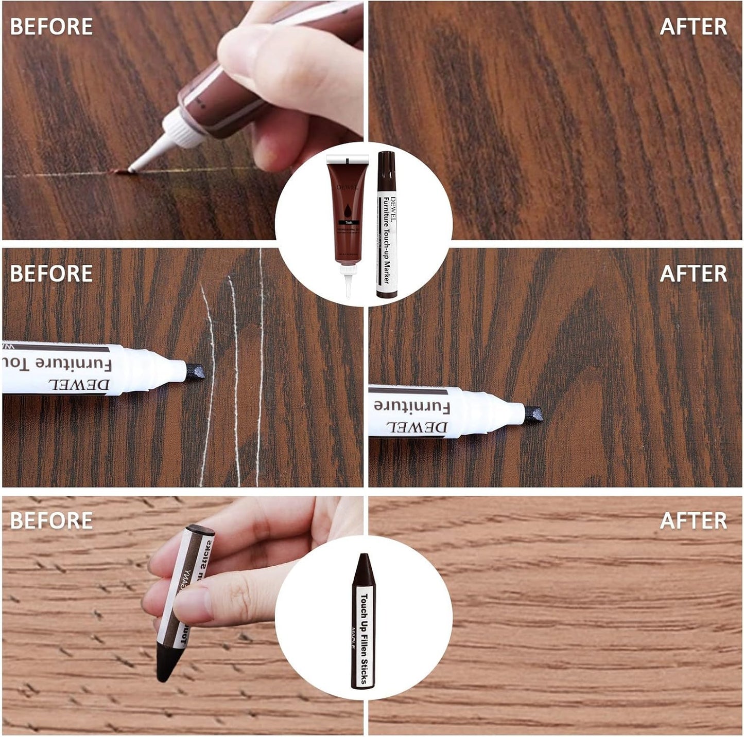 DEWEL Wood Furniture Repair Kit, Upgrade Wood Filler, Furniture Touch Up Markers with Wax Sticks, 42 Pcs Floor Touch Up kit for Scratches, Cracks, Hole, Laminate, Table, Bedposts