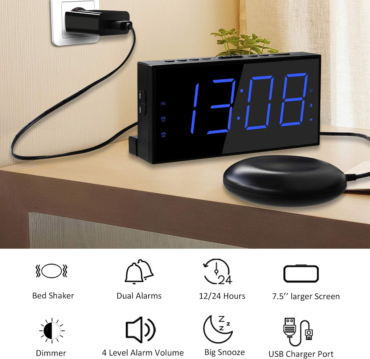 Roxicosly Super Loud Alarm Clock with Bed Shaker,Vibrating Alarm Clock for Heavy Sleepers Hearing Impaired Deaf Teens with USB Charger, Battery Backup,7-Level Brightness&Volume,Snooze,DST